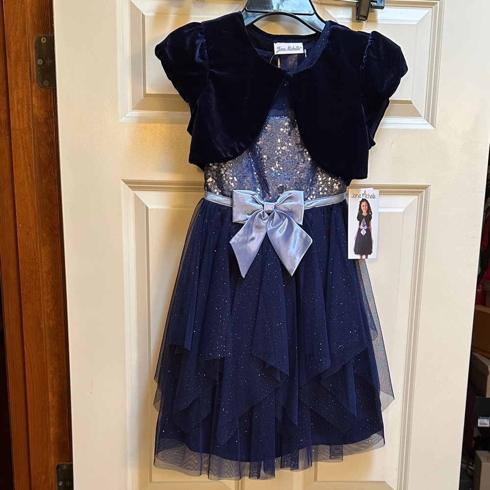 Jona Michelle Navy Blue Sequin Dress with Bolero